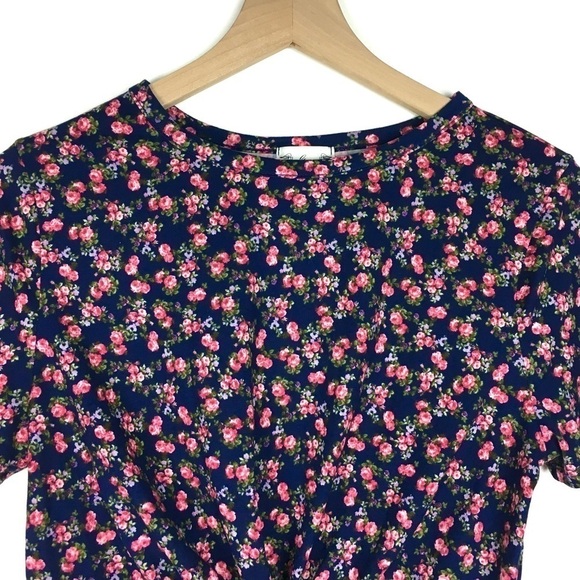 GAZE Crop Top Floral Roses Twist Front Shirt Sleeve T Shirt Fitted Size Large - Picture 2 of 8